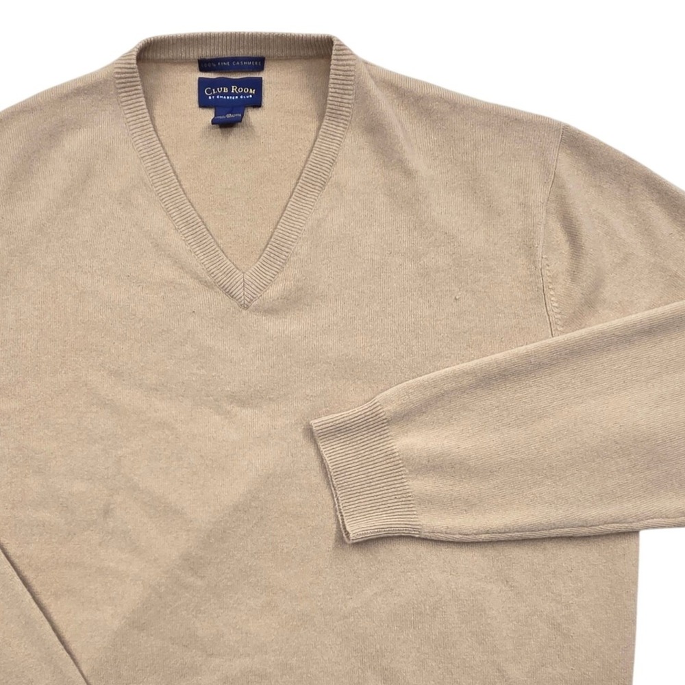 Club Room 100% Fine Cashmere V-Neck Sweater Long Sleeve Knit Beige Tan Mens XL